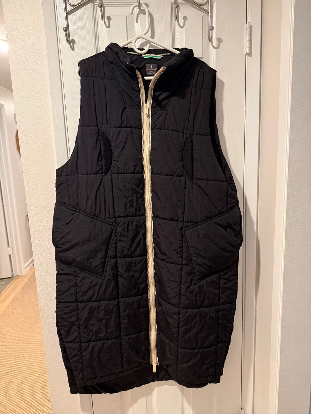 FP Movement by Free People Black Quilted Hooded Long Puffer Vest with Cream Zip